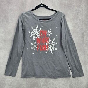 Gray Snow Flake Christmas Holiday‎ Oh What Fun Cozy Winter Print Top Medium